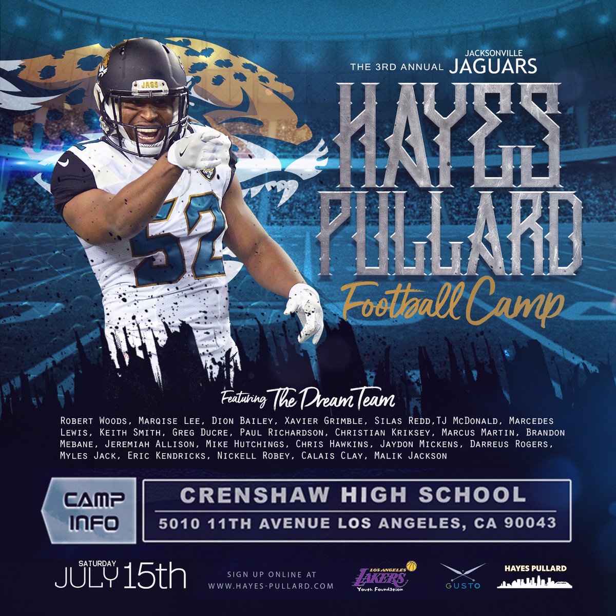 Hayes Pullard 3rd Annual Jacksonville Jaguars Football Camp Flyer Design by Danielgotskillz